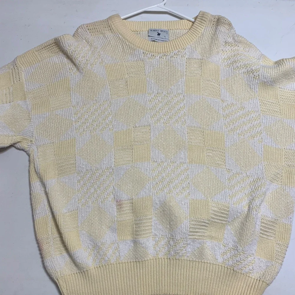 Robert Bruce Vintage Mens‎ XL Sweater Yellow Cream Geometric Textured Knit 2331
